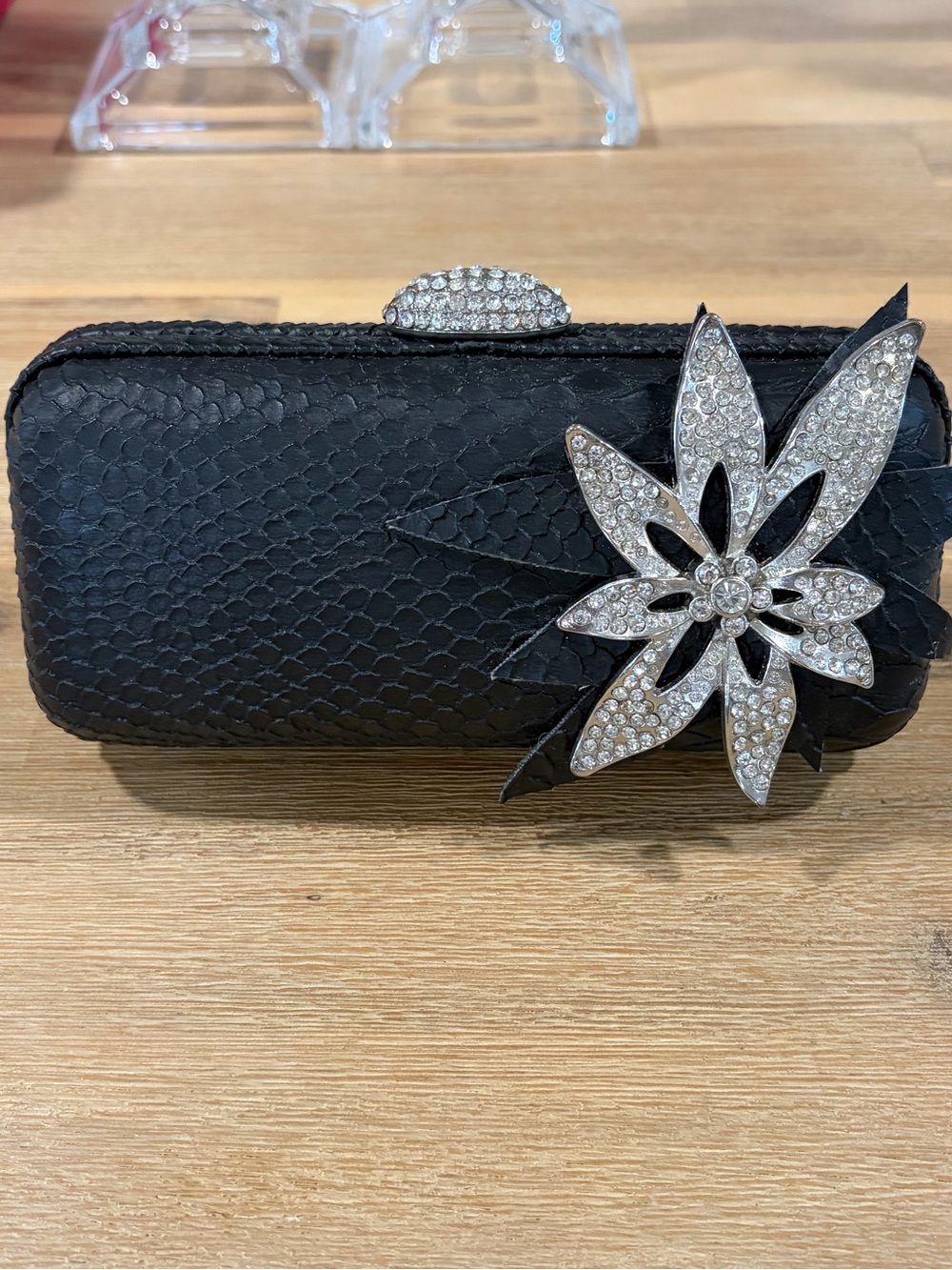 bebe Black Crystal Floral Clutch